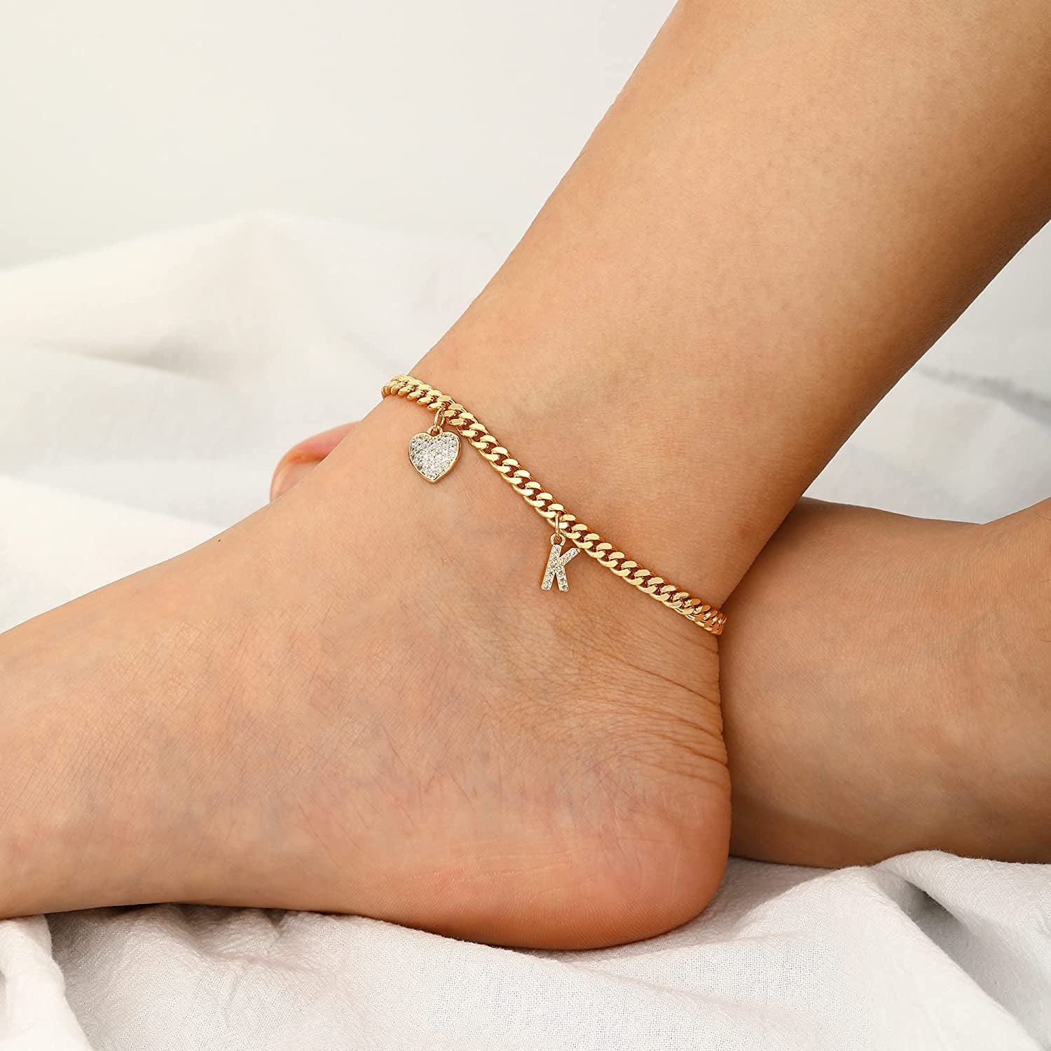 Gold Heart Ankle Bracelets for Women 14K Gold Plated Initial Charm Gold Anklets for Women Cuban Link Chain Heart Anklet Bracelets for Women Apparel & Accessories > Jewelry > Anklets BRIJEWLIC