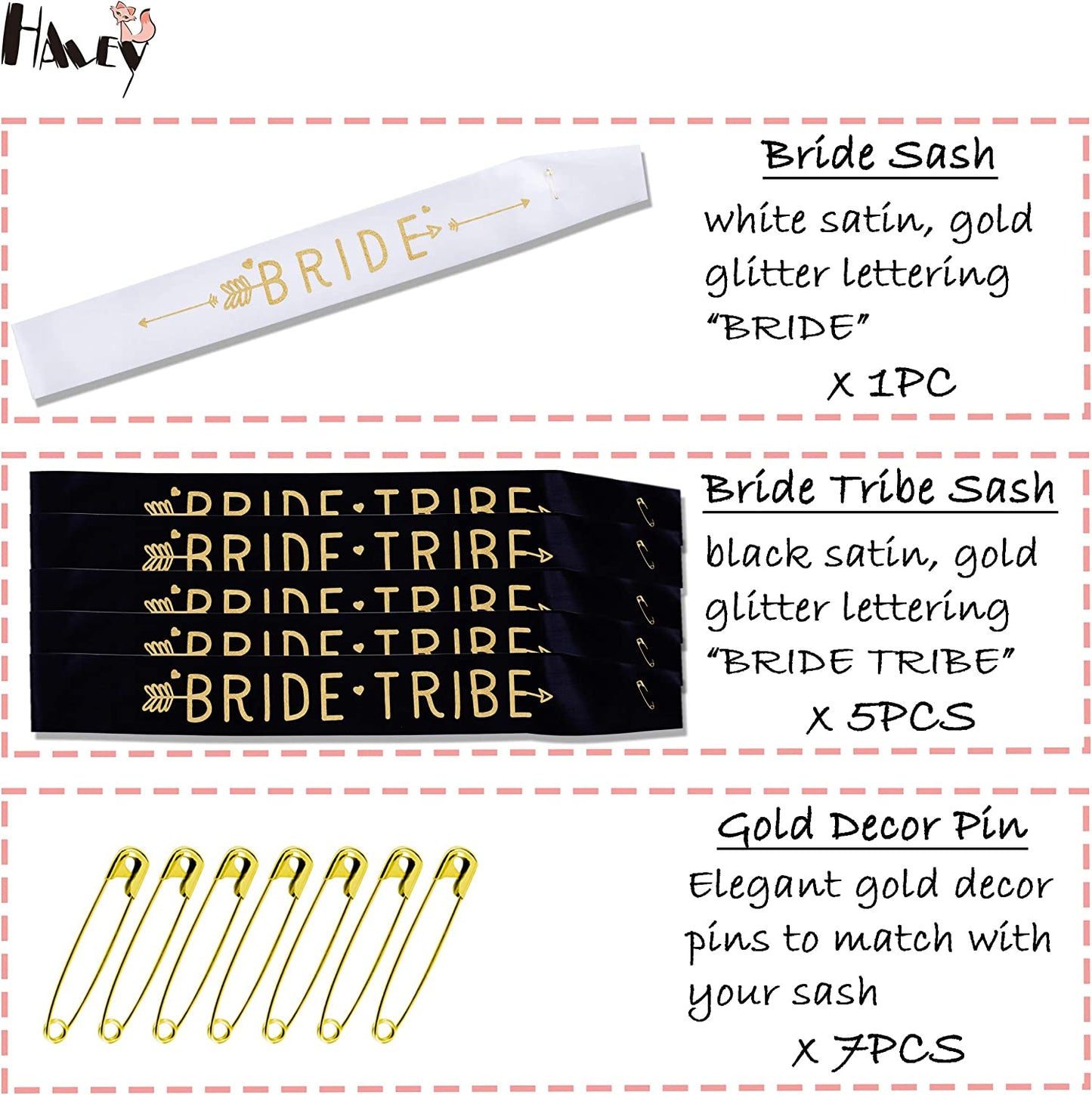 Haley Party Bride Tribe Sash Bridesmaid Sashes Bachelorette Party Sash Set Bride Sash Bridal Shower Decorations (6 PCS in Black and White with Gold Lettering) Apparel & Accessories > Clothing Accessories > Sashes Haley Party