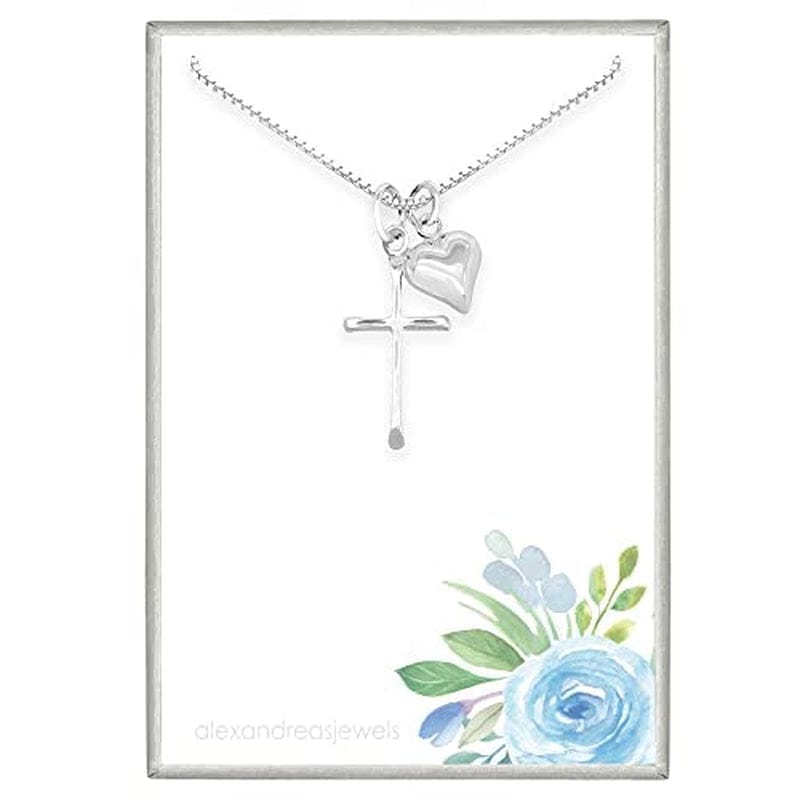 Delicate and Dainty Sterling Silver Cross Necklace with Puffed Heart Charm for Women, 18 Inches