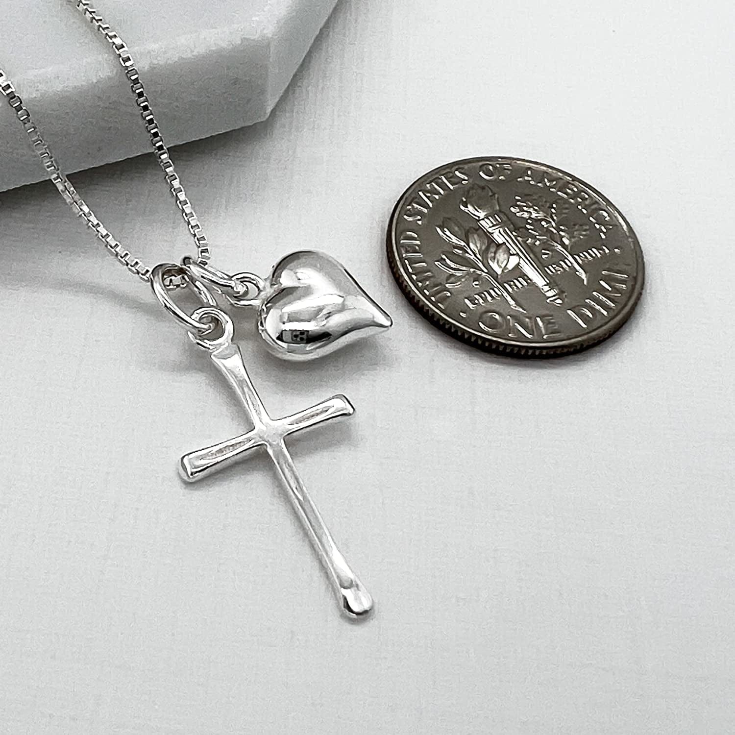Delicate and Dainty Sterling Silver Cross Necklace with Puffed Heart Charm for Women, 18 Inches