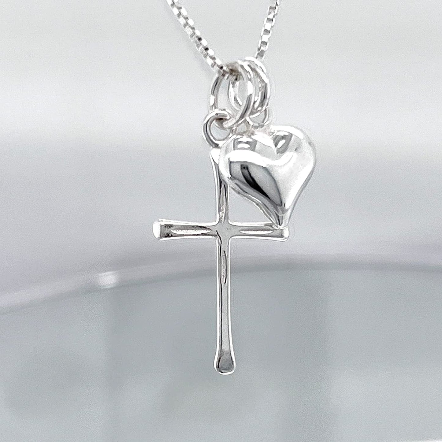 Delicate and Dainty Sterling Silver Cross Necklace with Puffed Heart Charm for Women, 18 Inches
