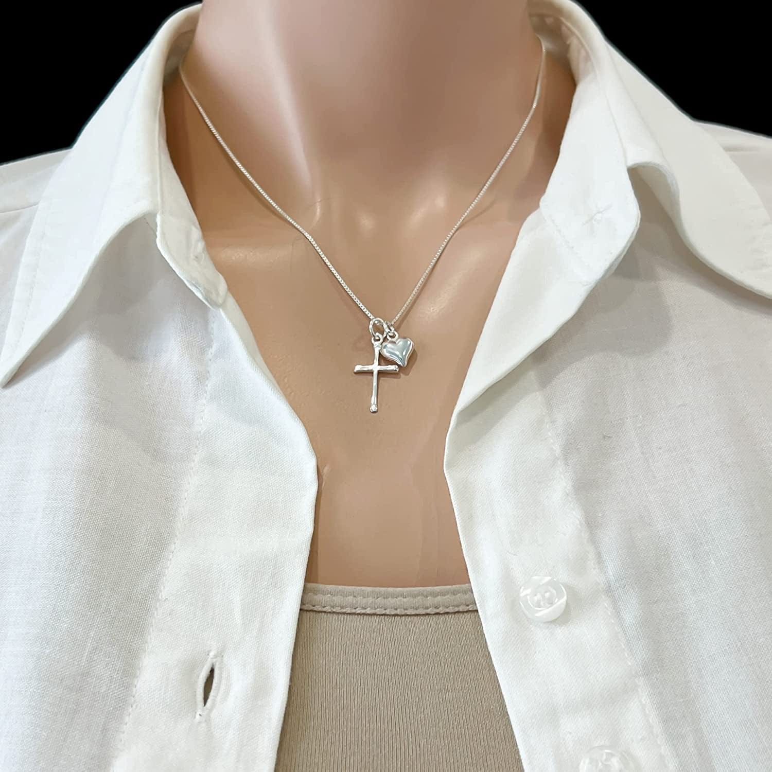 Delicate and Dainty Sterling Silver Cross Necklace with Puffed Heart Charm for Women, 18 Inches