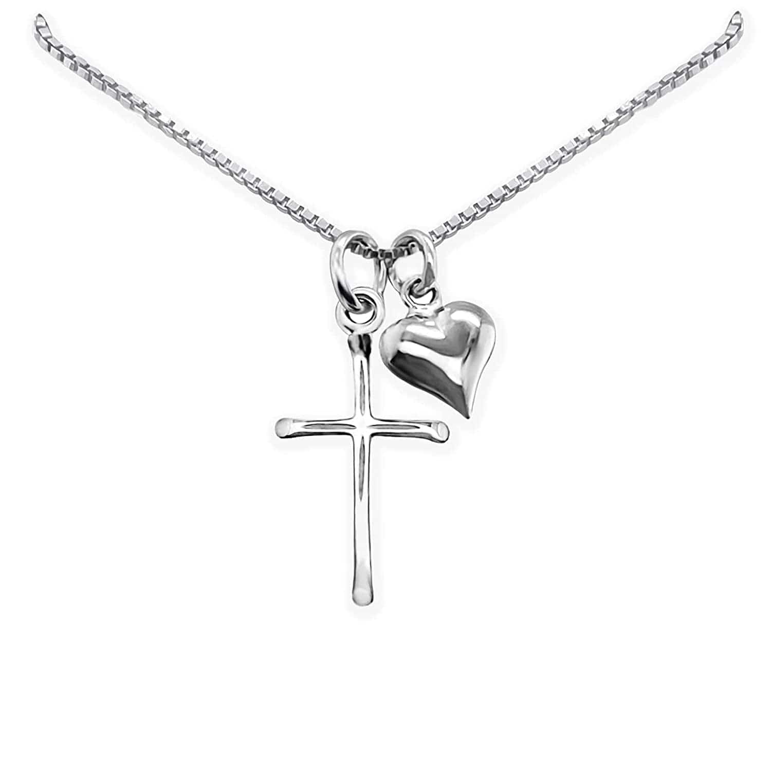 Delicate and Dainty Sterling Silver Cross Necklace with Puffed Heart Charm for Women, 18 Inches