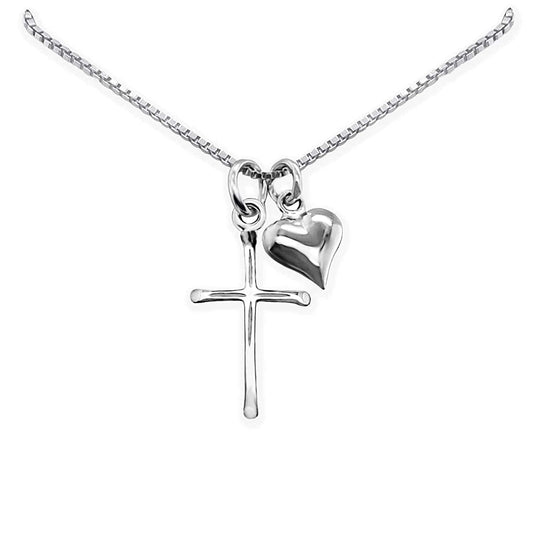 Delicate and Dainty Sterling Silver Cross Necklace with Puffed Heart Charm for Women, 18 Inches