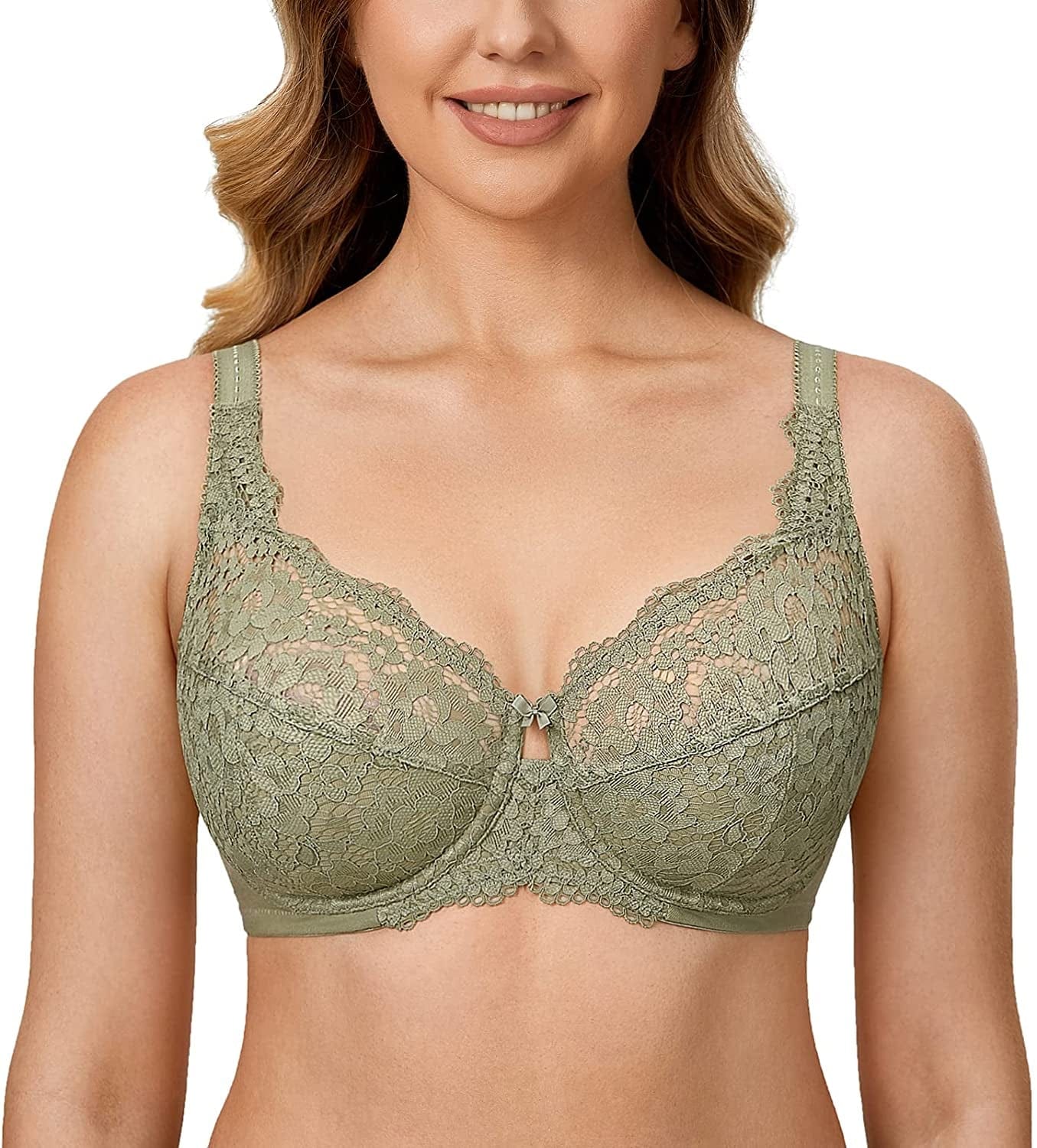DELIMIRA Women'S Lace plus Size Bra Underwire Support Full Coverage Unlined Cotton Bras Olive Grey / 34C