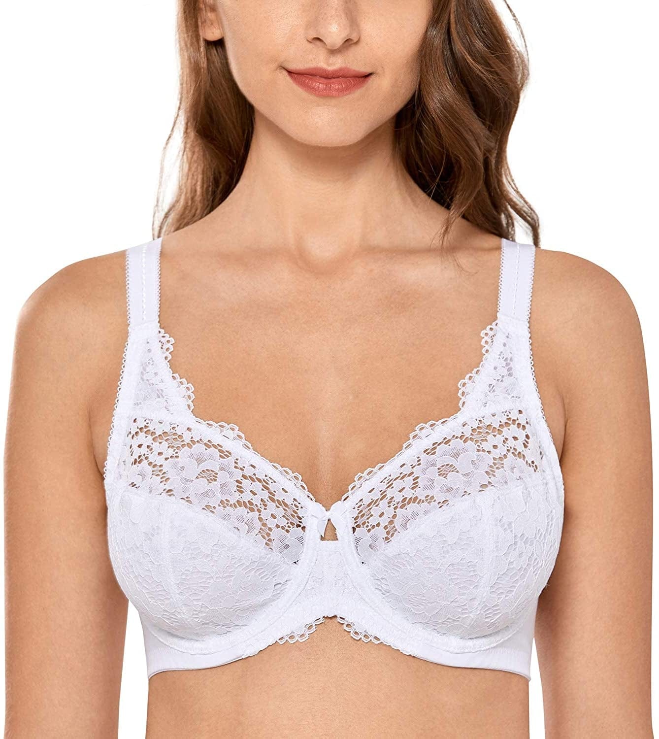 DELIMIRA Women'S Lace plus Size Bra Underwire Support Full Coverage Unlined Cotton Bras White / 42E