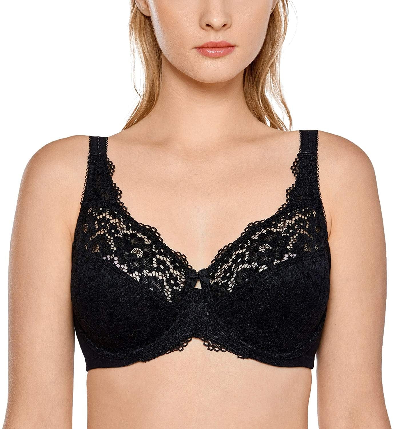 DELIMIRA Women'S Lace plus Size Bra Underwire Support Full Coverage Unlined Cotton Bras Black / 42D