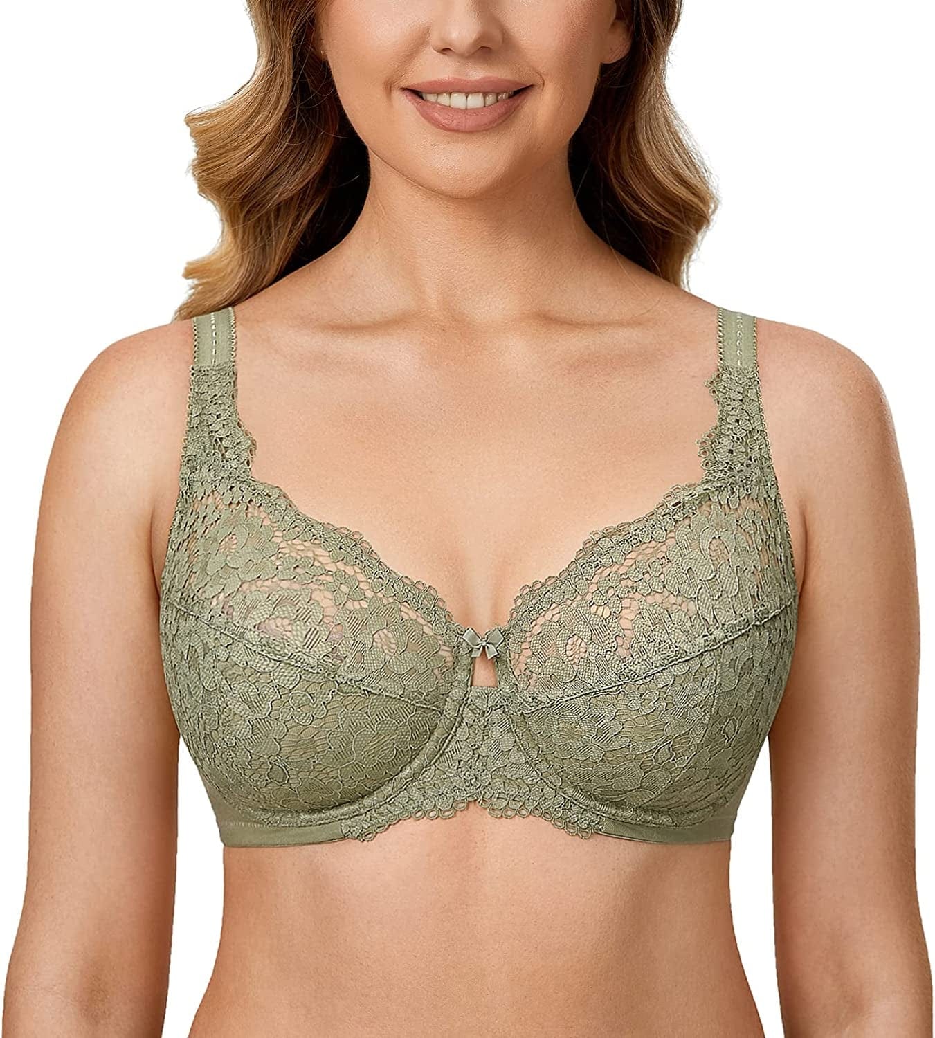 DELIMIRA Women'S Lace plus Size Bra Underwire Support Full Coverage Unlined Cotton Bras Olive Grey / 42F