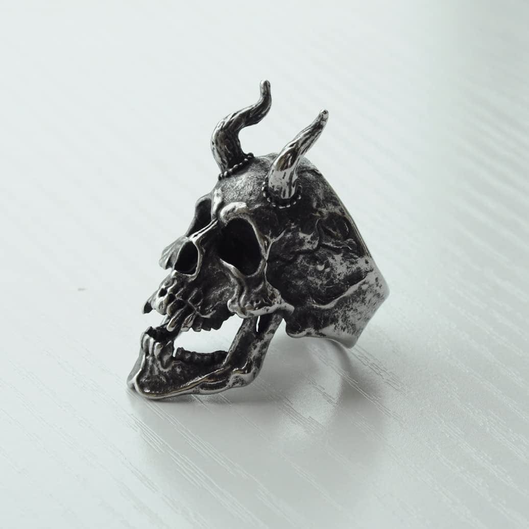 Demon Head Skull Ring Big Horned Stainless Steel Biker Jewelry Ring Men