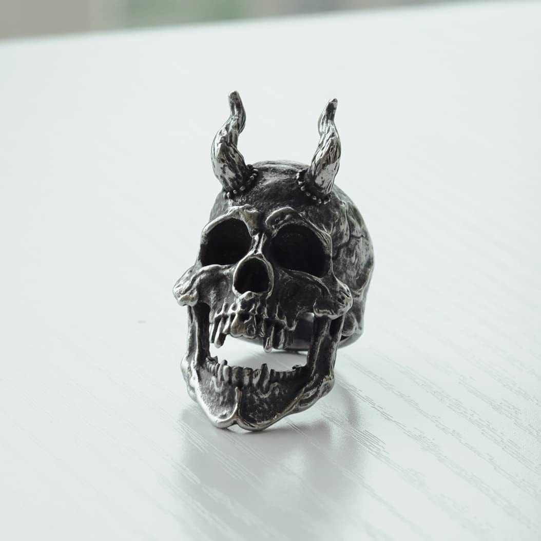Demon Head Skull Ring Big Horned Stainless Steel Biker Jewelry Ring Men