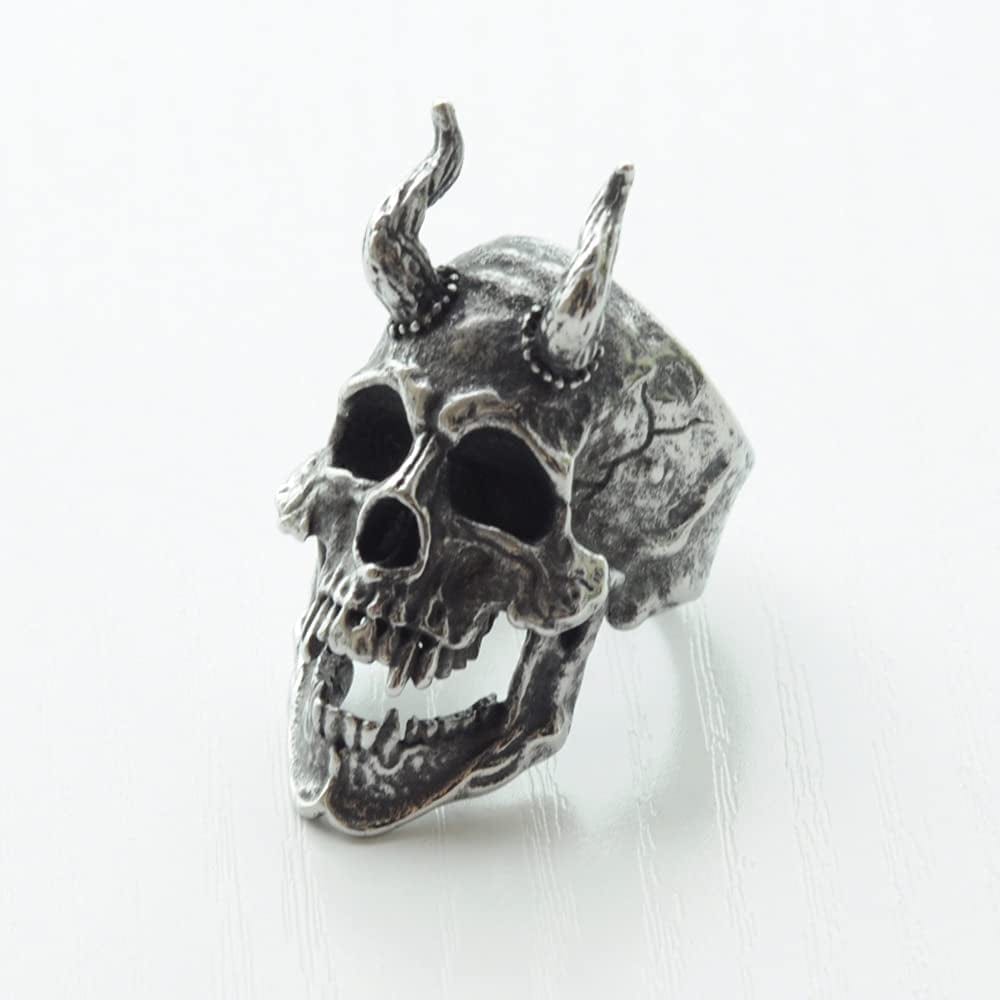 Demon Head Skull Ring Big Horned Stainless Steel Biker Jewelry Ring Men
