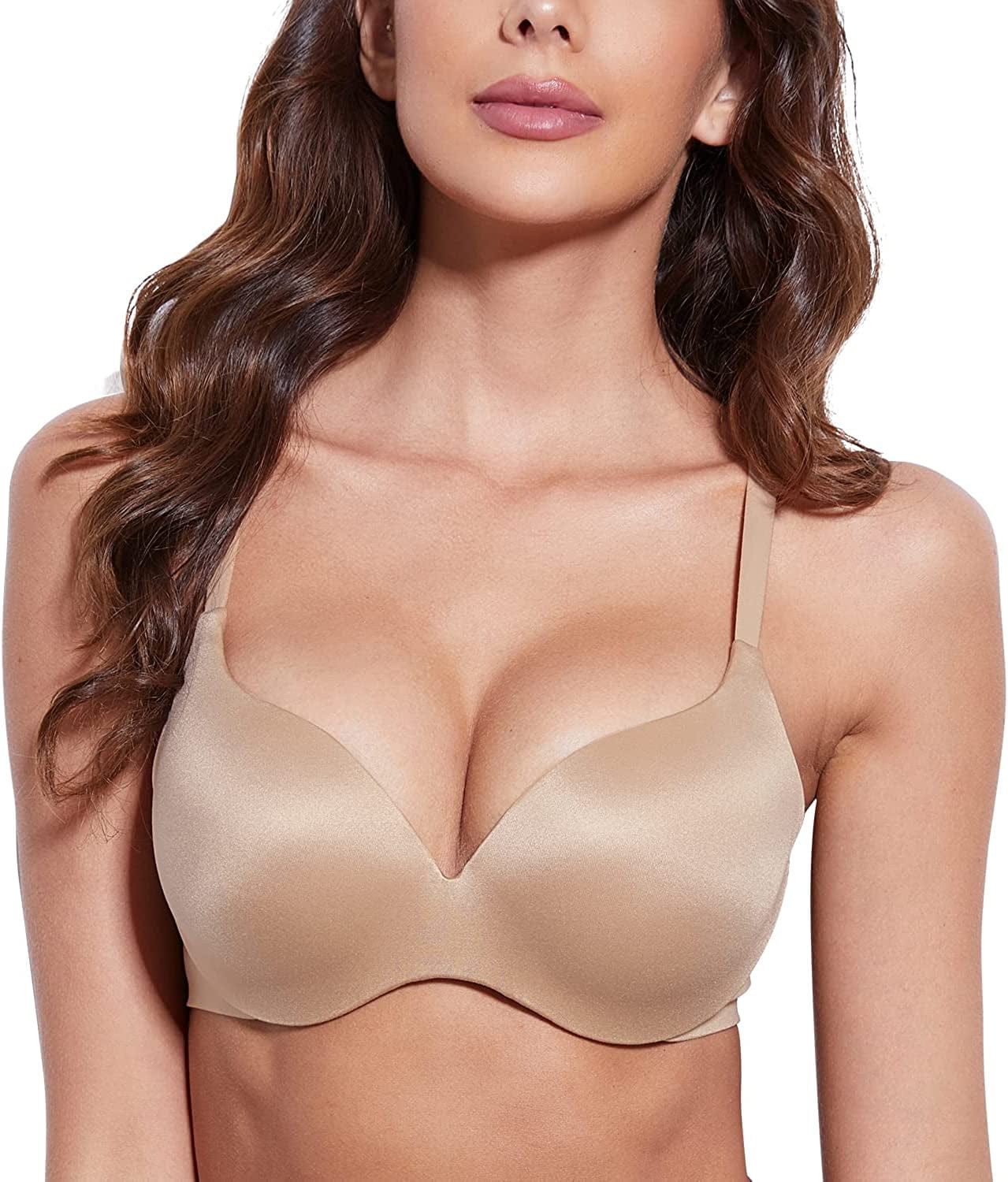 Deyllo Women’S Push up T Shirt Bra Seamless Padded Underwired Lift up Bra Add 2 Cups Sweet Nougat / 34C