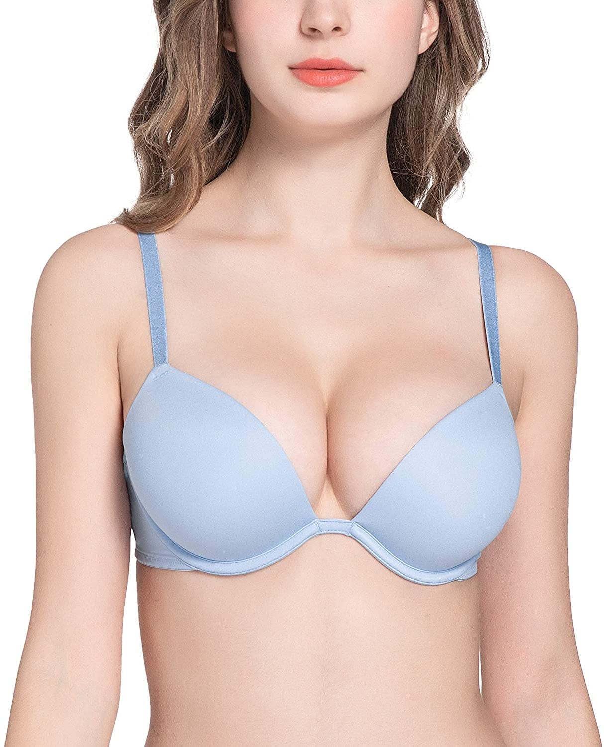 Deyllo Women’S Push up Underwire Bra Super Padded T-Shirt Bra Add Two Cups Ice Blue / 36DD