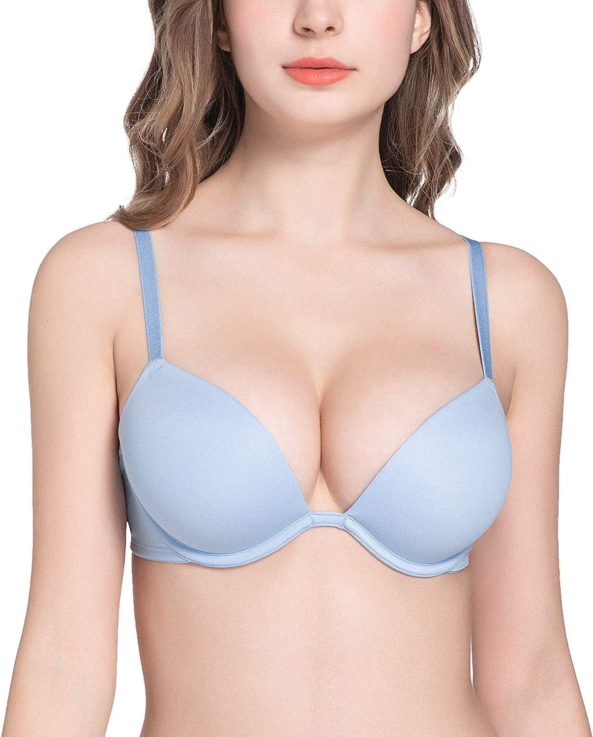 Deyllo Women’S Push up Underwire Bra Super Padded T-Shirt Bra Add Two Cups Ice Blue / 36DDD