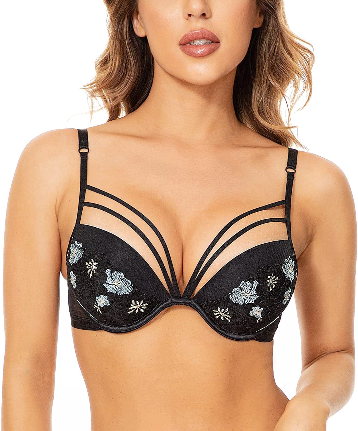 Deyllo Women’S Push up Underwire Bra Super Padded T-Shirt Bra Add Two Cups Black Embroidery / 34C