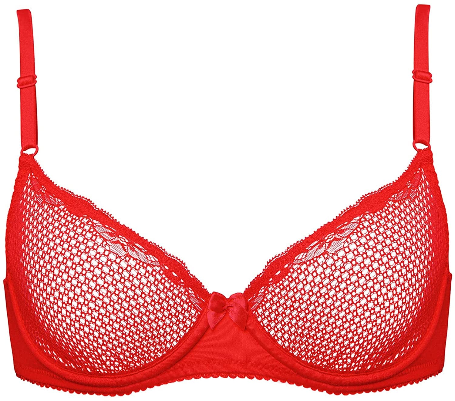 Deyllo Women'S Sexy Lace Balconette Bra See through Demi Unlined Bras Mesh Sheer Underwire Lace Lipstick / 38D