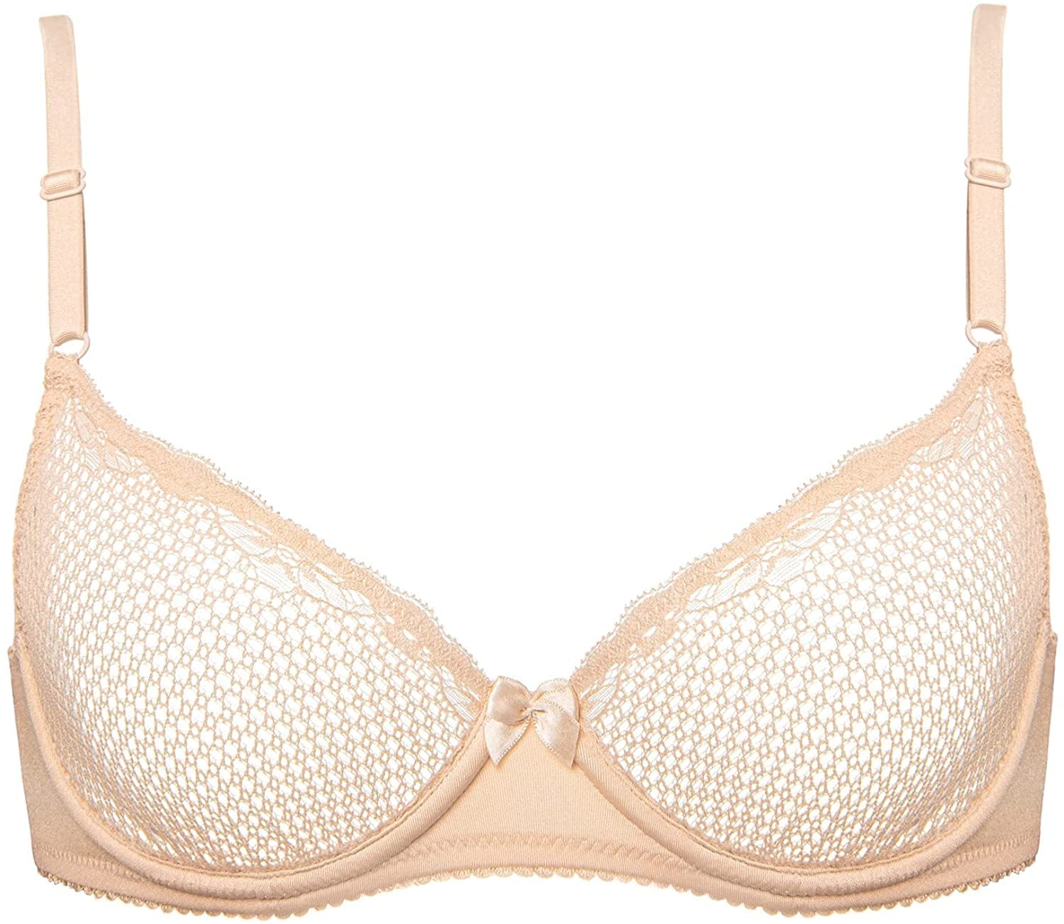 Deyllo Women'S Sexy Lace Balconette Bra See through Demi Unlined Bras Mesh Sheer Underwire Beige / 36DD