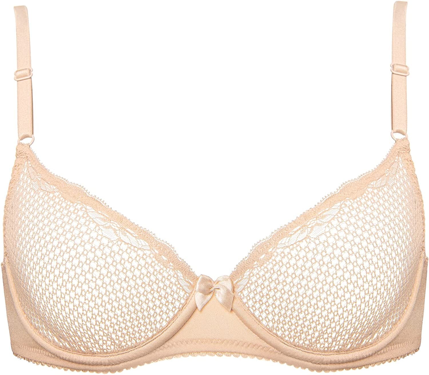 Deyllo Women'S Sexy Lace Balconette Bra See through Demi Unlined Bras Mesh Sheer Underwire Beige / 32DD