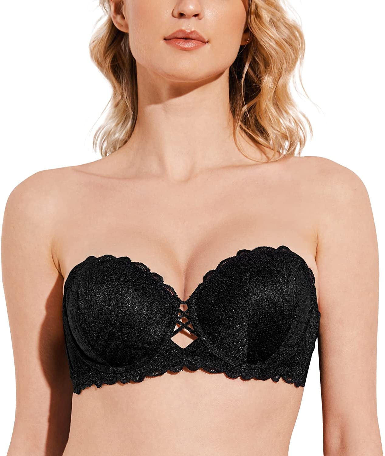 Deyllo Women'S Sexy Lace Push up Bra Underwire Lightly Lined Padded Strapless Bra Black / 32C