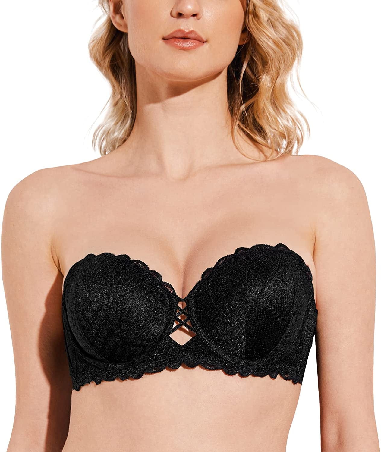 Deyllo Women'S Sexy Lace Push up Bra Underwire Lightly Lined Padded Strapless Bra Black / 36B