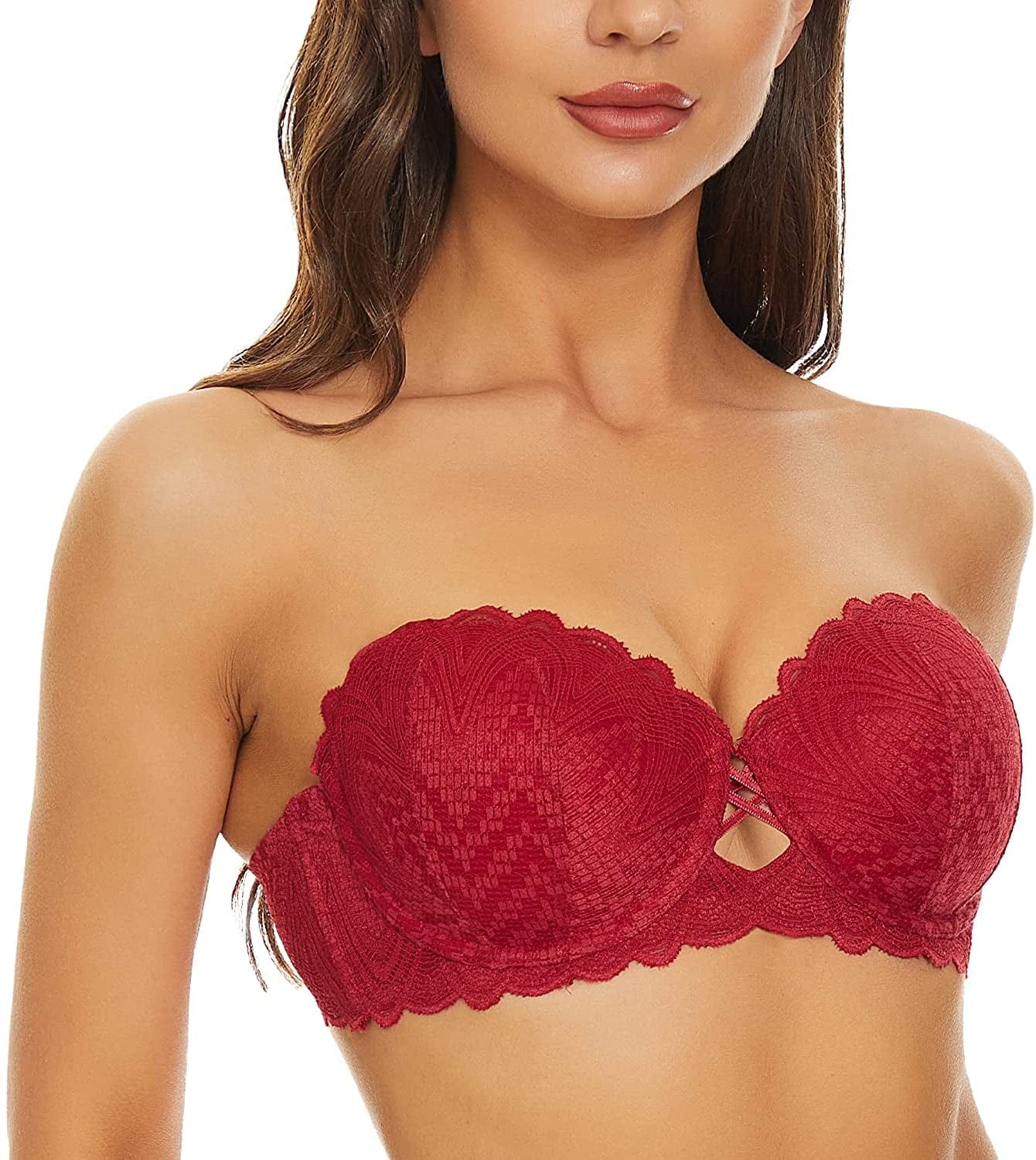 Deyllo Women'S Sexy Lace Push up Bra Underwire Lightly Lined Padded Strapless Bra Wine Red / 32C
