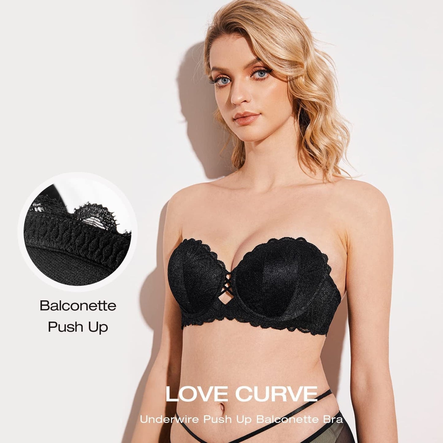 Deyllo Women'S Sexy Lace Push up Bra Underwire Lightly Lined Padded Strapless Bra