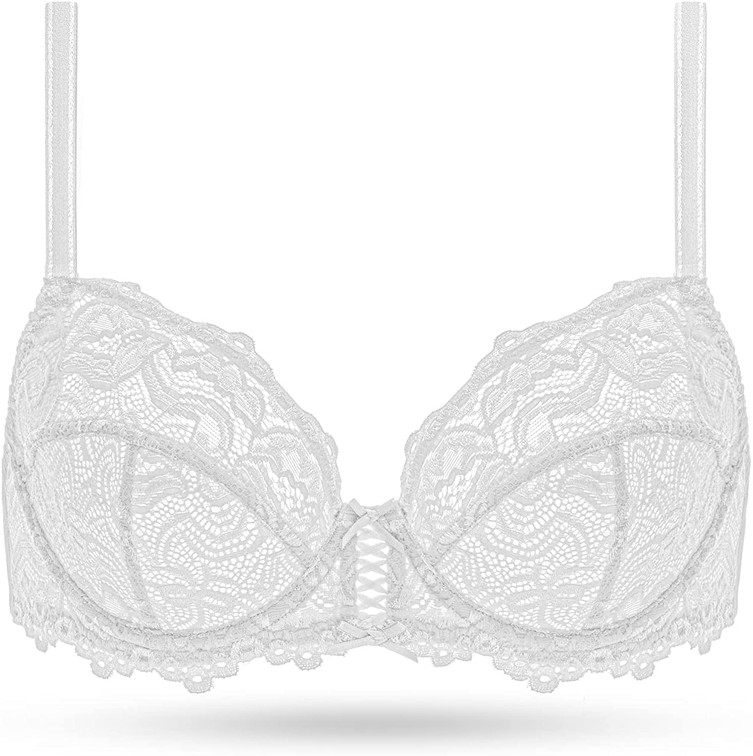 Deyllo Women’S Sheer Lace Bra Underwire Unlined Bra Full Coverage Non Padded White / 34DDD