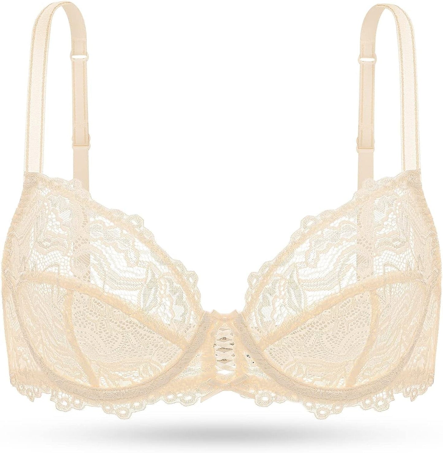 Deyllo Women’S Sheer Lace Bra Underwire Unlined Bra Full Coverage Non Padded Beige / 34D