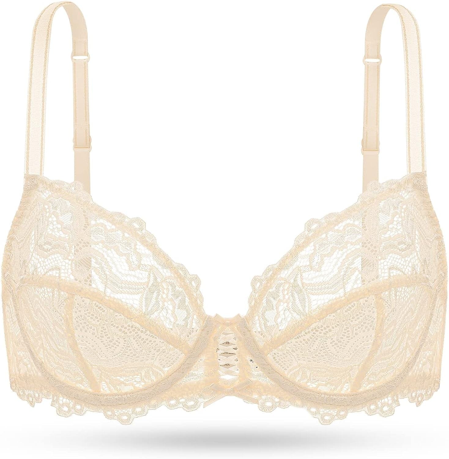 Deyllo Women’S Sheer Lace Bra Underwire Unlined Bra Full Coverage Non Padded Beige / 34D