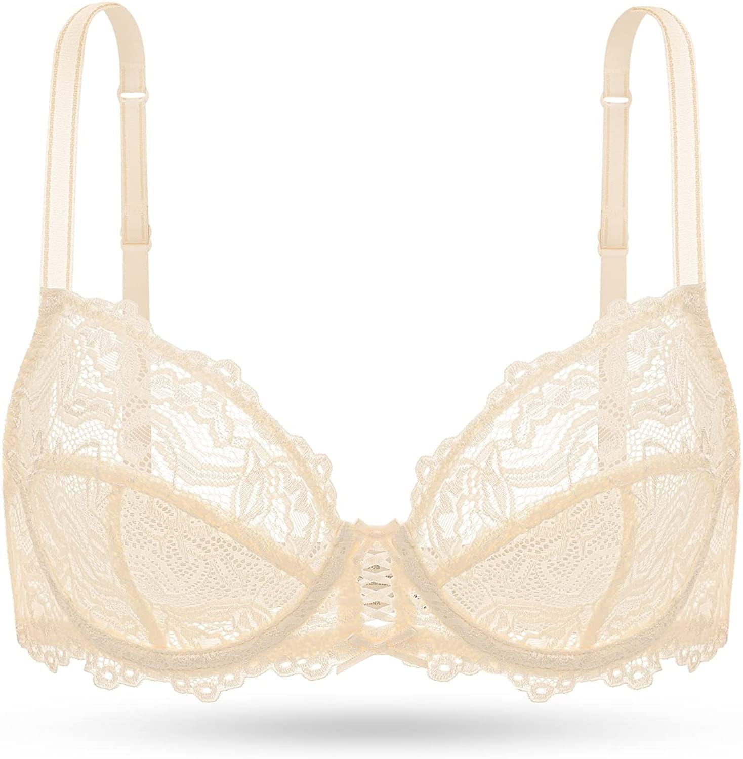 Deyllo Women’S Sheer Lace Bra Underwire Unlined Bra Full Coverage Non Padded Beige / 36C