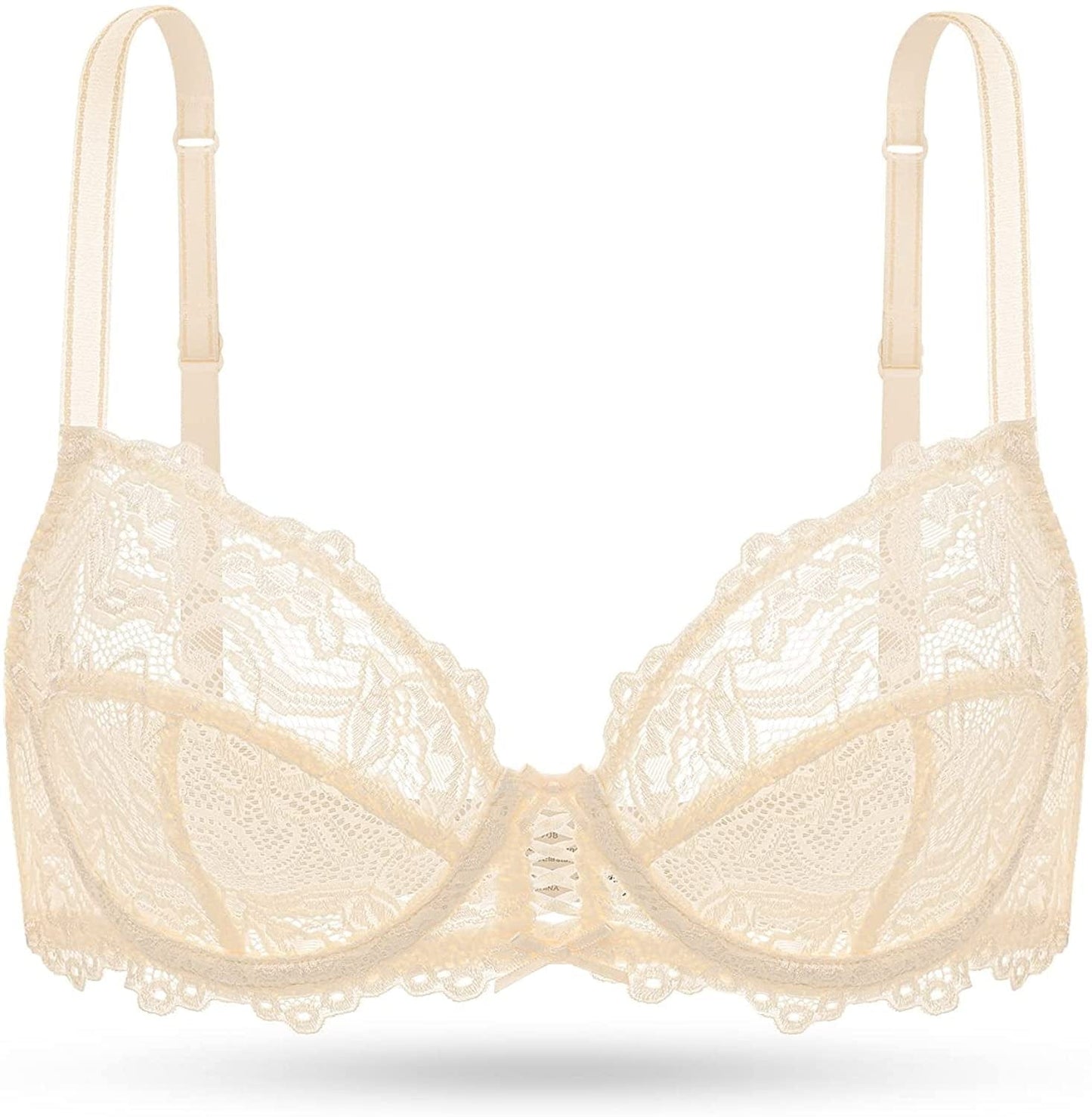 Deyllo Women’S Sheer Lace Bra Underwire Unlined Bra Full Coverage Non Padded Beige / 40DDD