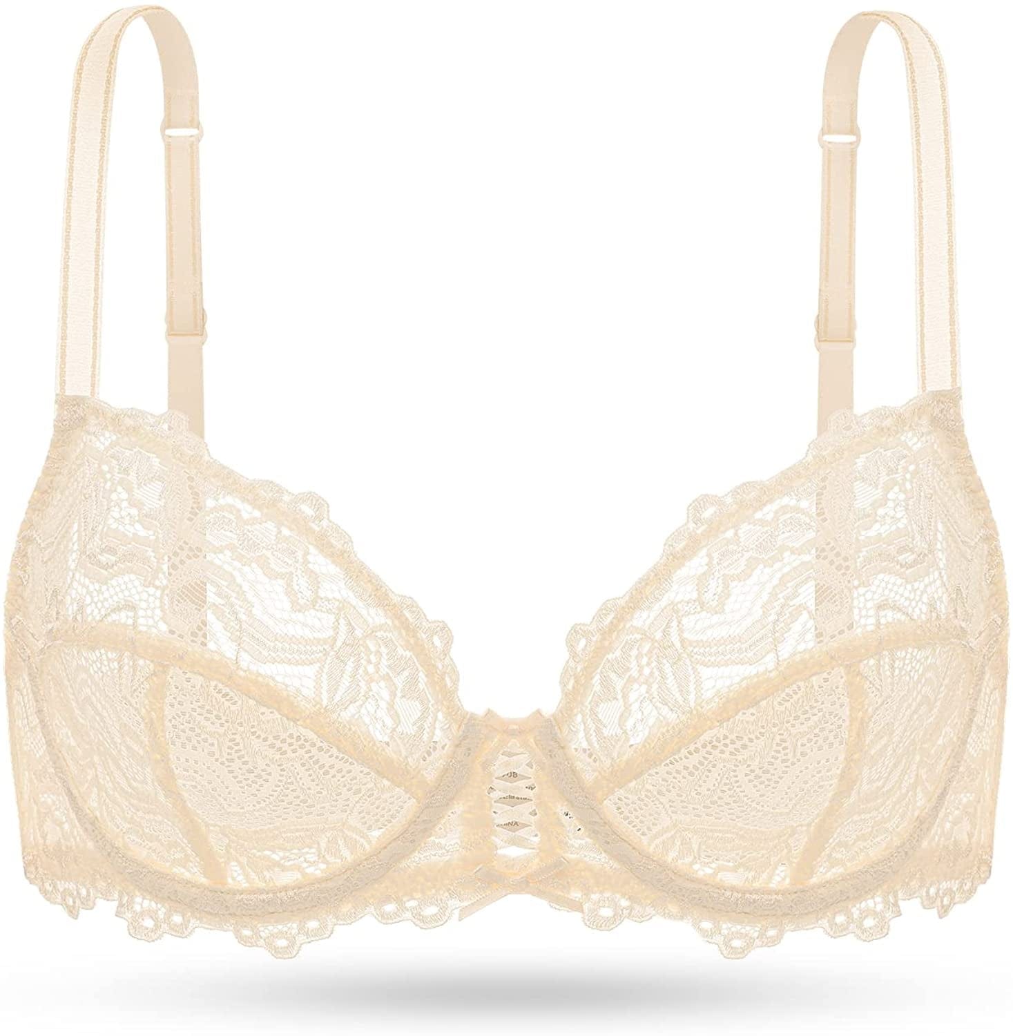 Deyllo Women’S Sheer Lace Bra Underwire Unlined Bra Full Coverage Non Padded Beige / 40DDD