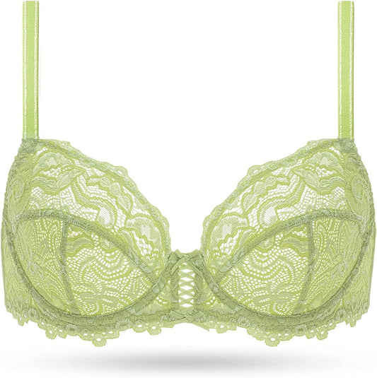 Deyllo Women’S Sheer Lace Bra Underwire Unlined Bra Full Coverage Non Padded Green / 36D