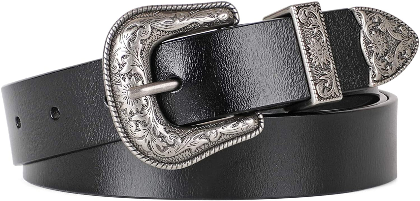 Women Leather Belts Ladies Vintage Western Design Black Waist Belt for Pants Jeans Dresses Apparel & Accessories > Clothing Accessories > Belts KYLIE MAX E-black Suit Waist Size 43"-46"