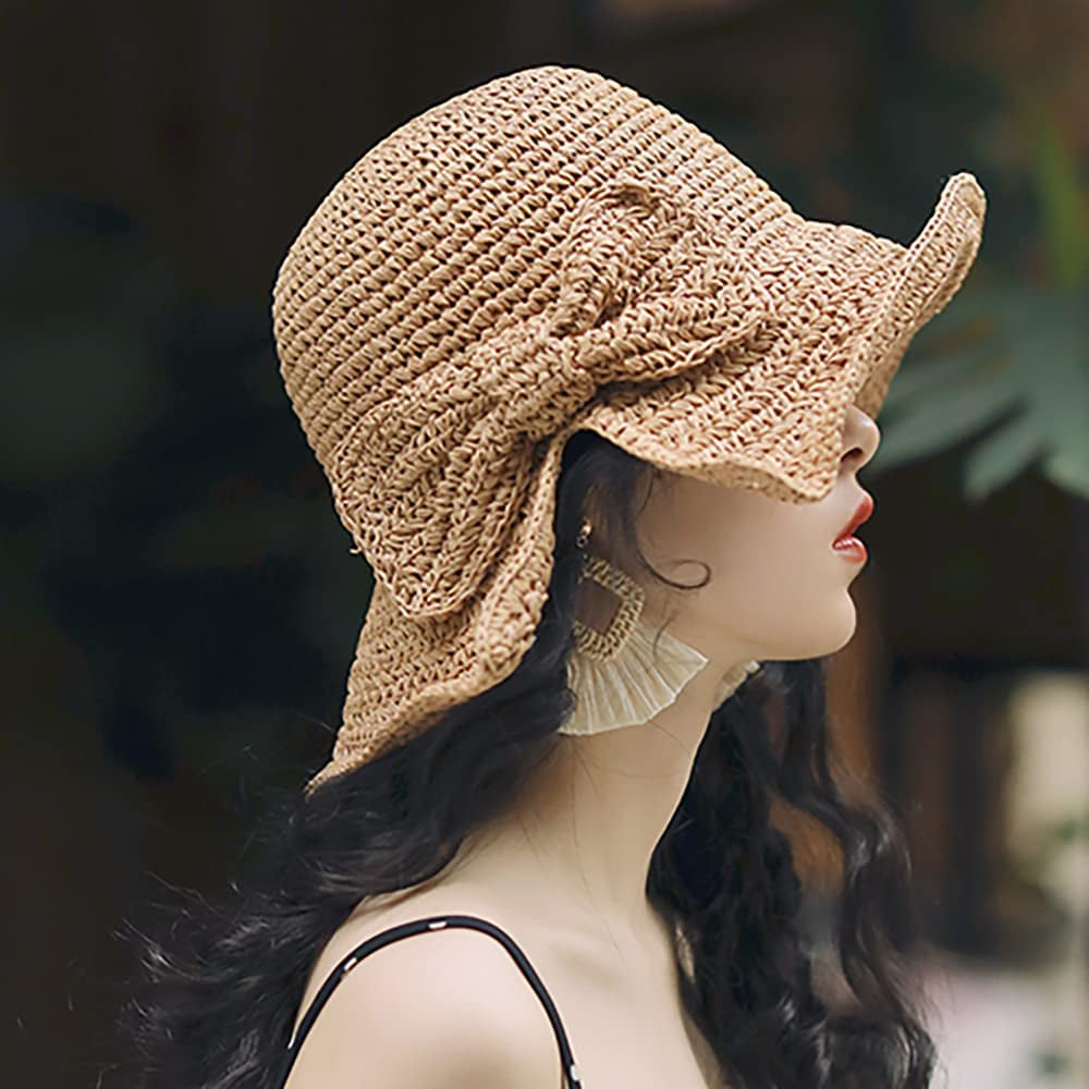 Foldable Wide Brim Floppy Straw Beach Sun Hat,Summer Cap with Bowknot for Women Girls,Strap Adjustable Apparel & Accessories > Clothing Accessories > Hats Bseash