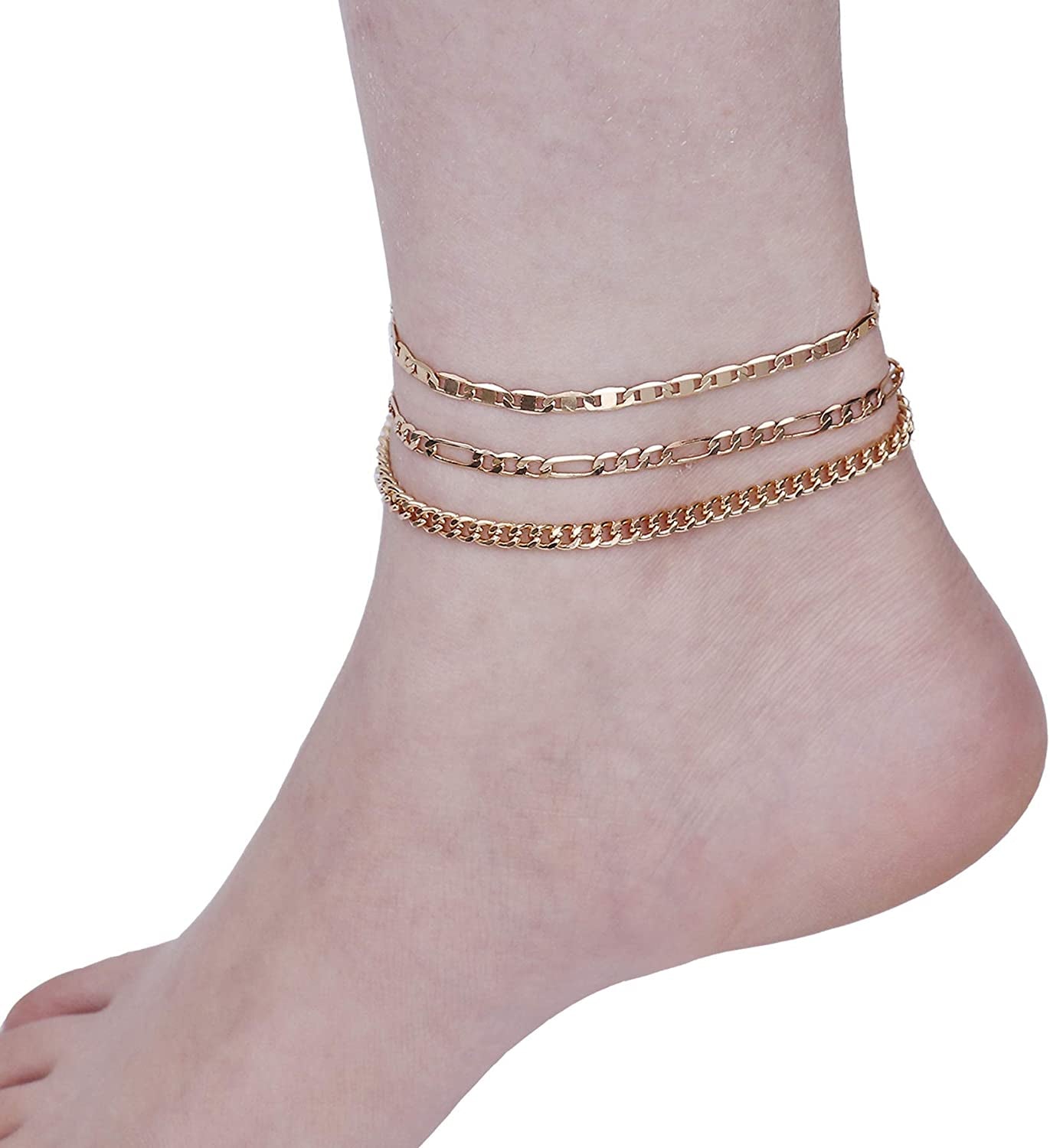 Jstyle 3Pcs Gold Anklet for Women Figaro/Herringbone/Cuban/Paperclip Link Chain Ankle Bracelet Adjustable Beach Foot Jewelry Apparel & Accessories > Jewelry > Anklets Jstyle