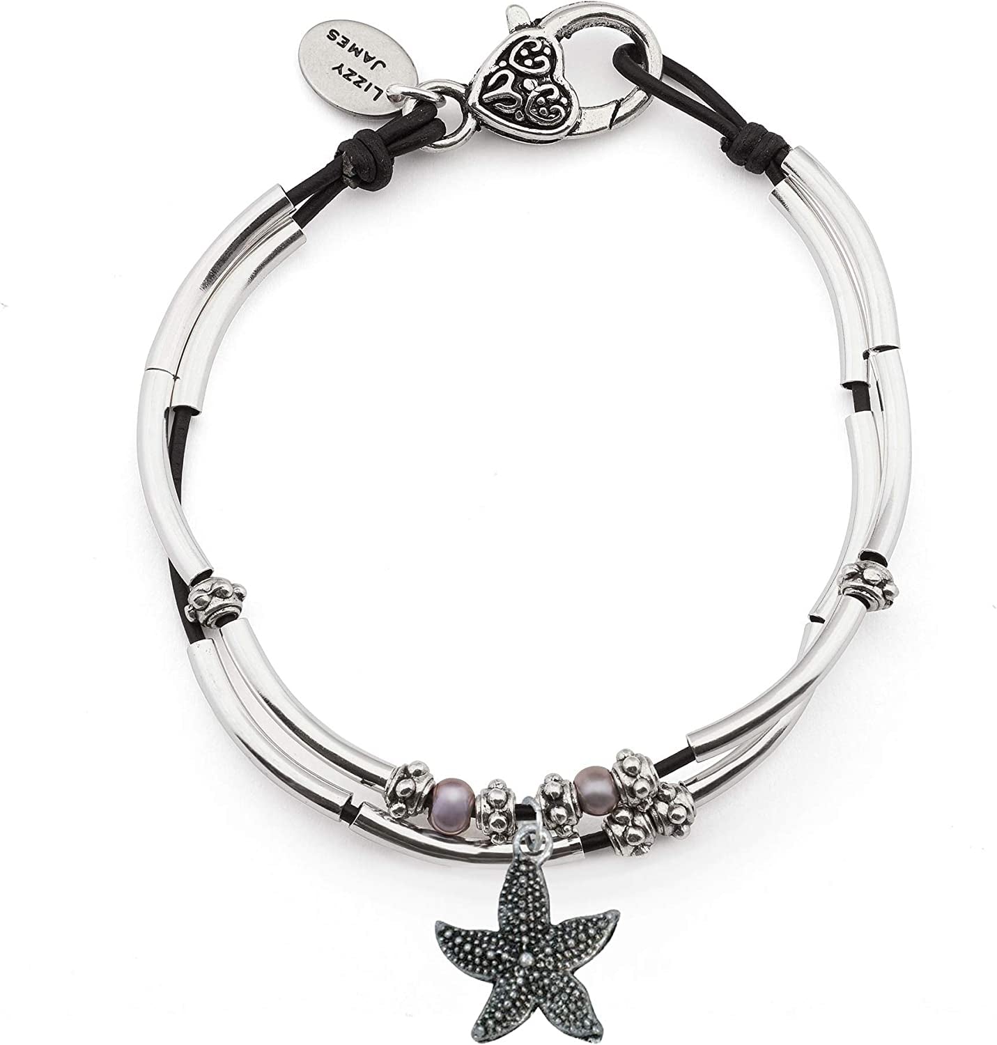 Lizzy James Lucy Anklet Bracelets for Women in Natural Black Leather Silver Plate Crescents Apparel & Accessories > Jewelry > Anklets Lizzy James Silver Starfish Charm 11 INCH