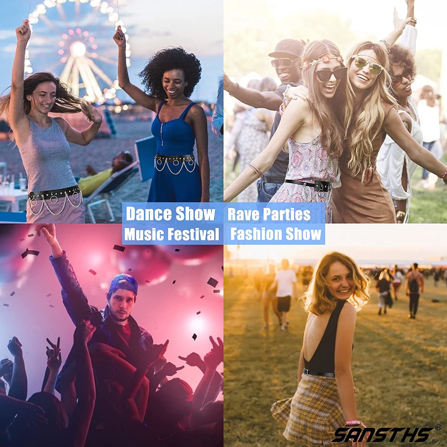 Punk Black Waist Chain Belt,Sansths 7 Layered Belly Body Chains Stylish Waist Belt Body Jewelry for Women and Girls (B-Black) Apparel & Accessories > Jewelry > Body Jewelry SANSTHS