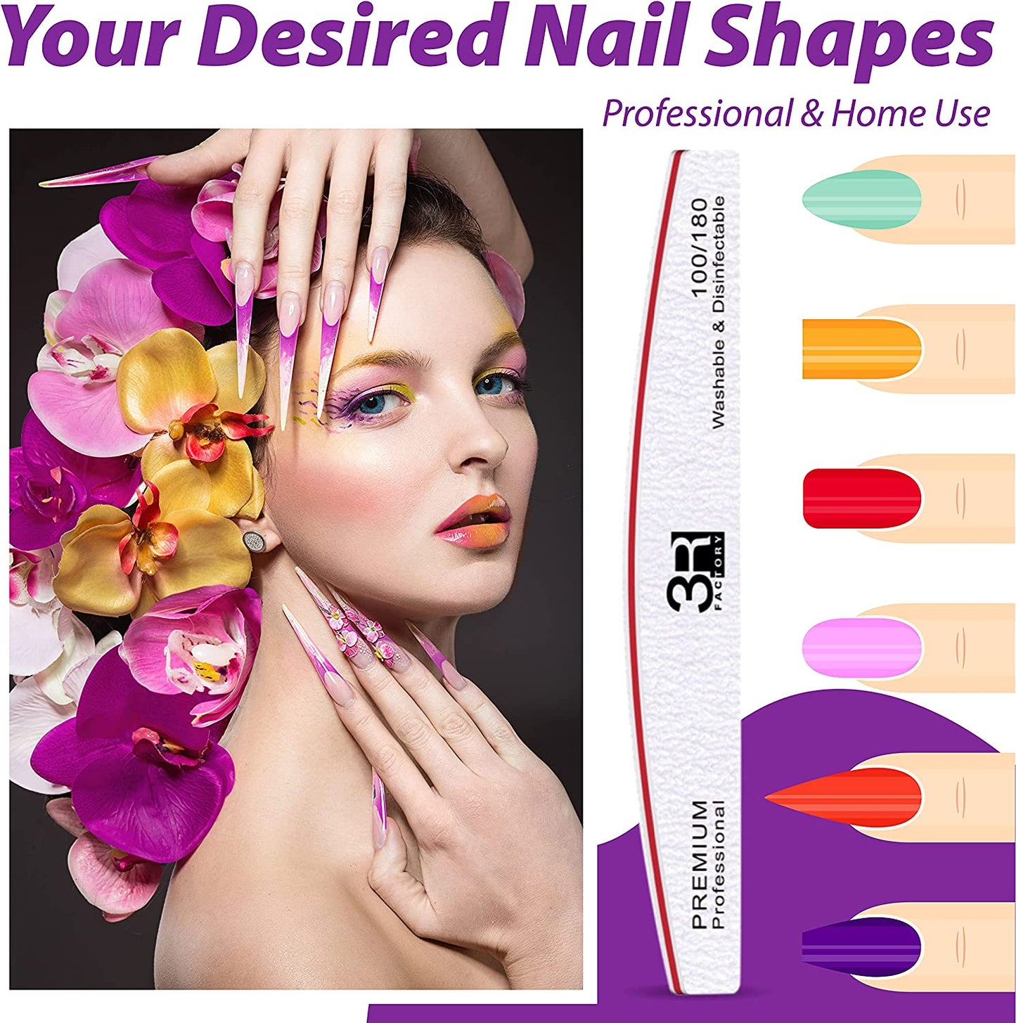 Nail Files - 3R Factory Acrylic Nail File 100/180, Nail Solution for Acrylic Nails, Acrylic Nail Remover, Professional Nail Salon Supplies, 2Pcs Each of Ergonomic Colors Design Border. (10Pcs Pack) Health & Beauty > Personal Care > Cosmetics > Cosmetic Tools > Nail Tools 3R Factory