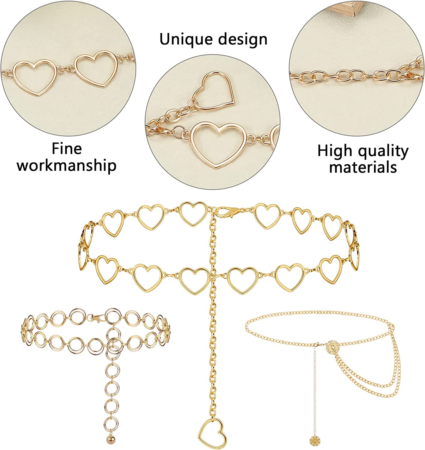 LOLIAS 4 Pcs Waist Chain Belts for Women Men Metal Belly Gold Chains Jeans Pants Chains Multi-Layer Hip Hop Body Jewelry Apparel & Accessories > Jewelry > Body Jewelry LOLIAS