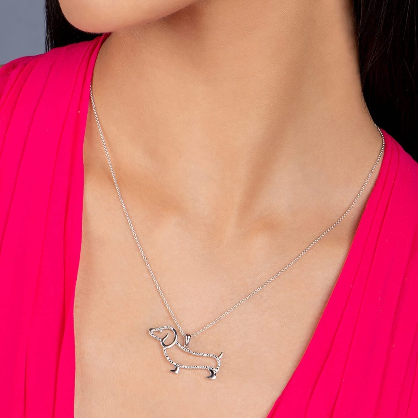Diamond Dachshund Dog Necklace Pendant in Sterling Silver with 18 Inch Rolo Chain