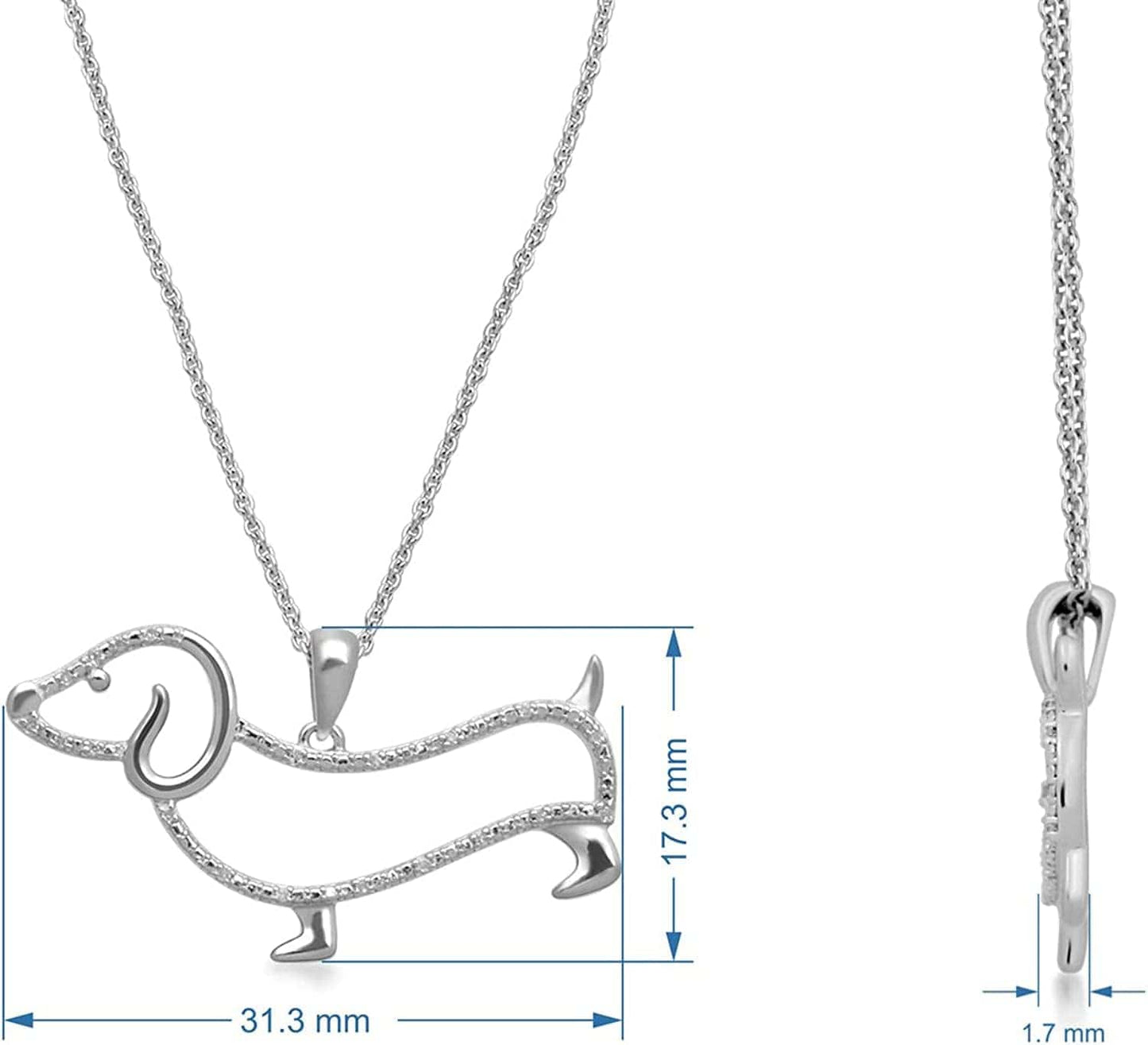 Diamond Dachshund Dog Necklace Pendant in Sterling Silver with 18 Inch Rolo Chain