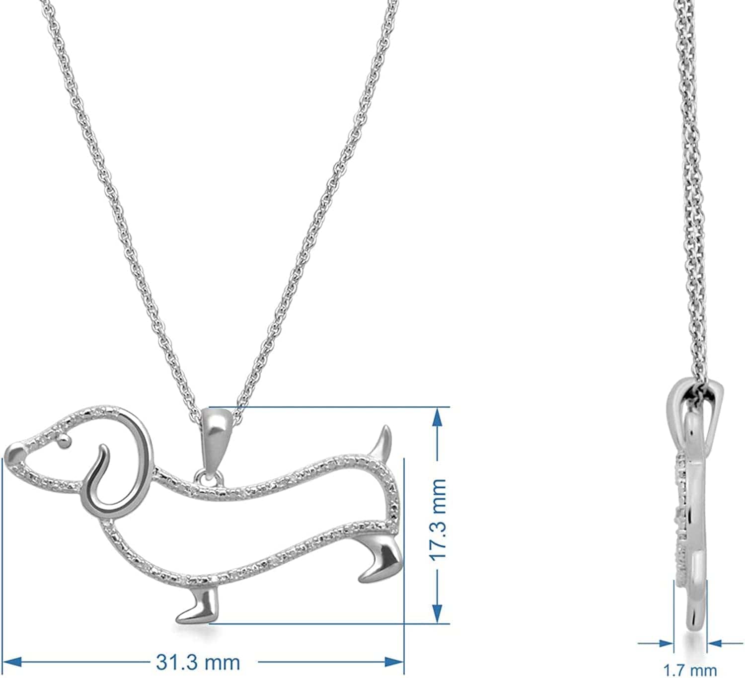 Diamond Dachshund Dog Necklace Pendant in Sterling Silver with 18 Inch Rolo Chain
