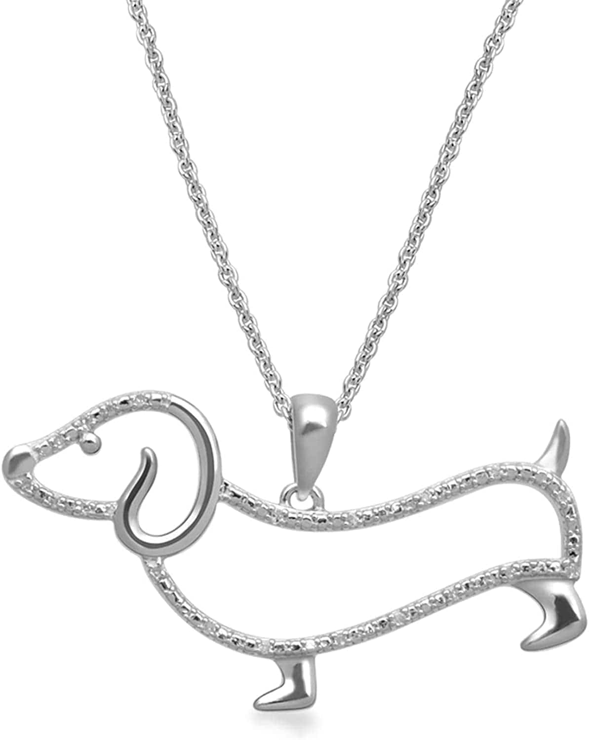Diamond Dachshund Dog Necklace Pendant in Sterling Silver with 18 Inch Rolo Chain