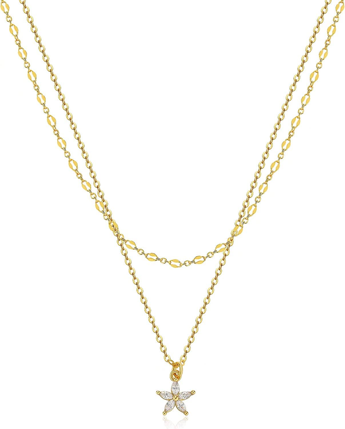 Diamond Necklaces for Women, Dainty Gold Necklace 14K Gold Plated Long Lariat Necklace Simple Gold CZ Diamond Choker Necklaces for Women Trendy Gold Necklace Jewelry Gifts for Girls layered flower&cz gold