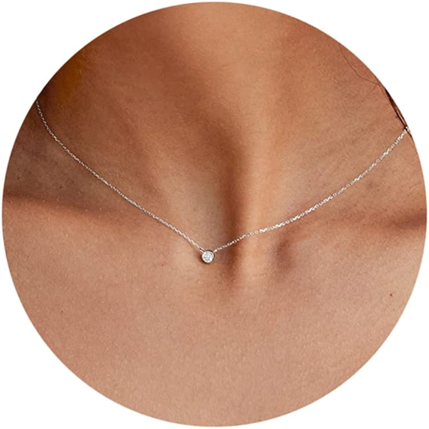 Diamond Necklaces for Women, Dainty Gold Necklace 14K Gold Plated Long Lariat Necklace Simple Gold CZ Diamond Choker Necklaces for Women Trendy Gold Necklace Jewelry Gifts for Girls Bezel Diamond silver