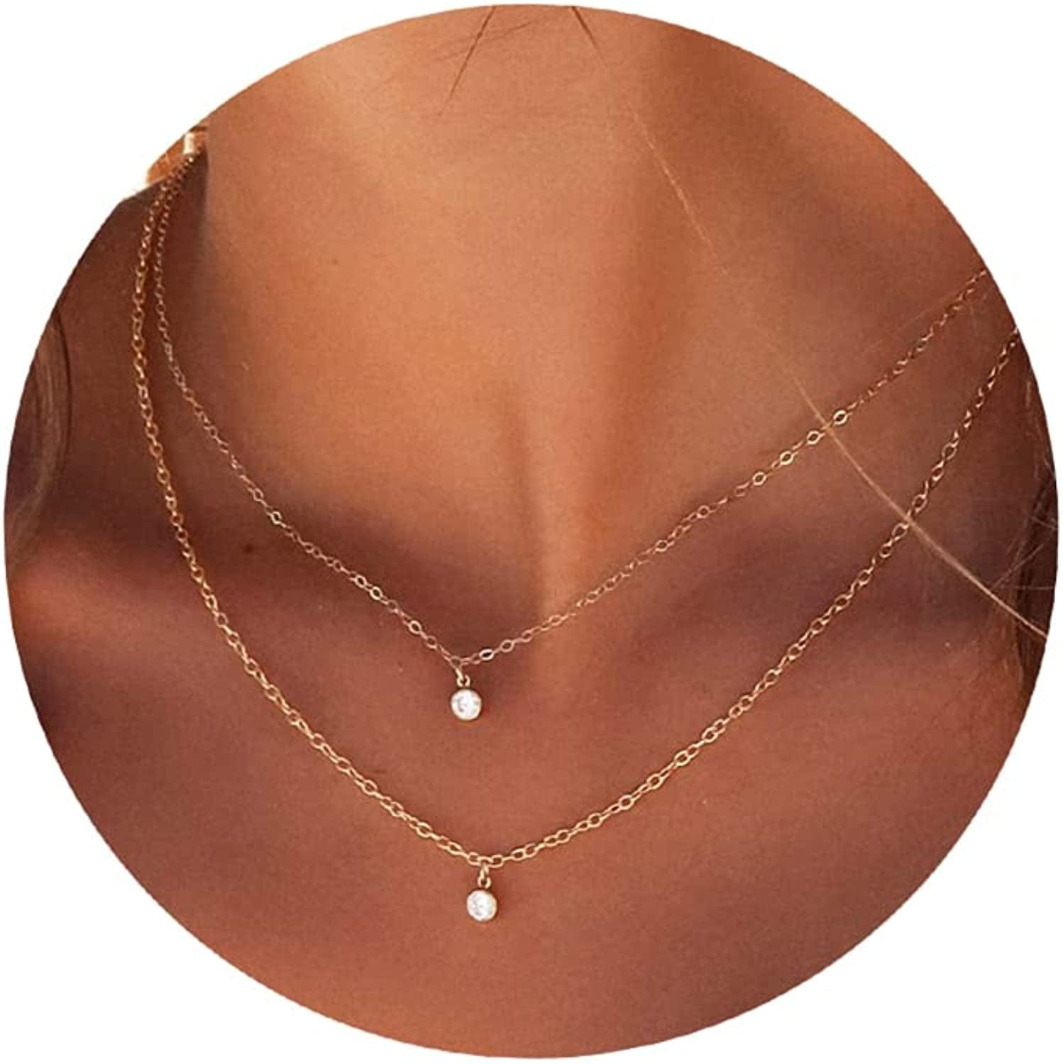Diamond Necklaces for Women, Dainty Gold Necklace 14K Gold Plated Long Lariat Necklace Simple Gold CZ Diamond Choker Necklaces for Women Trendy Gold Necklace Jewelry Gifts for Girls layered cz necklace