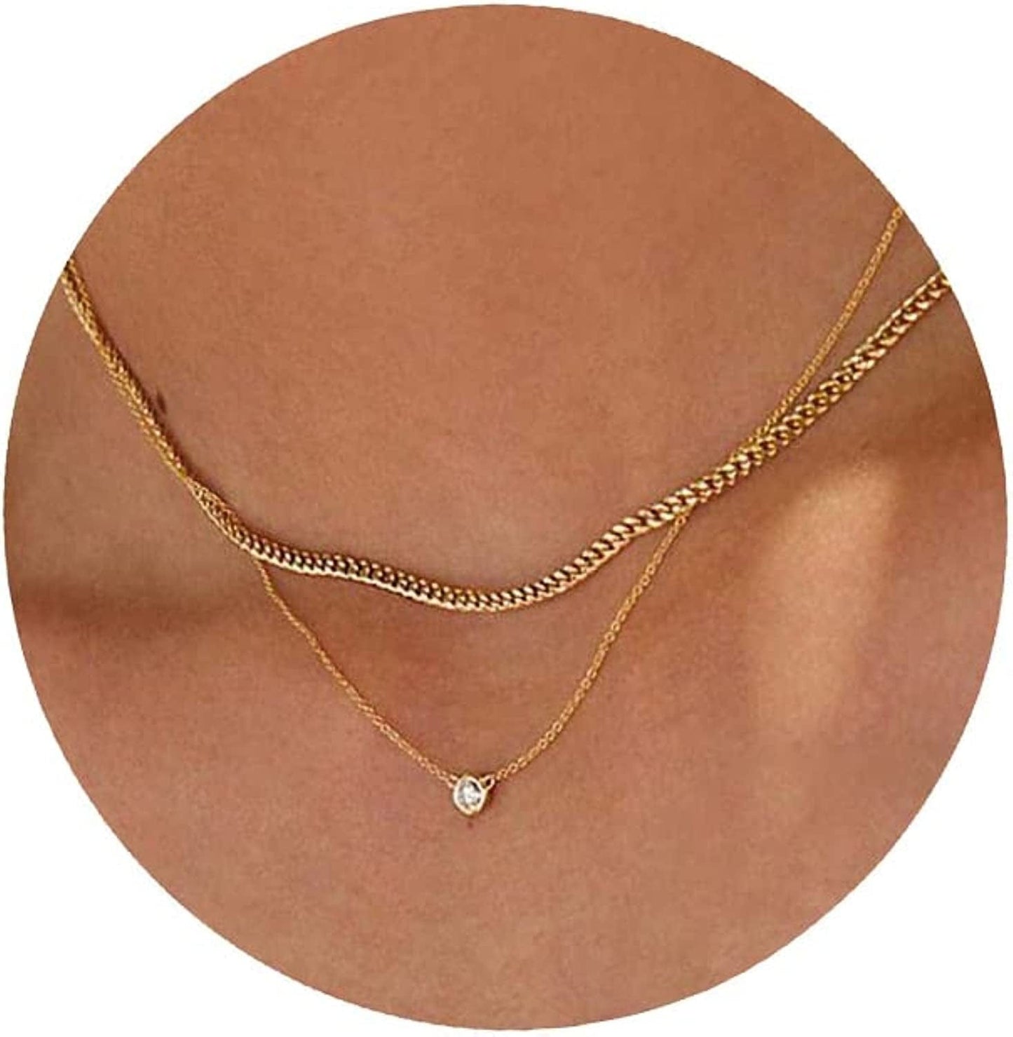 Diamond Necklaces for Women, Dainty Gold Necklace 14K Gold Plated Long Lariat Necklace Simple Gold CZ Diamond Choker Necklaces for Women Trendy Gold Necklace Jewelry Gifts for Girls layered cuban&cz gold