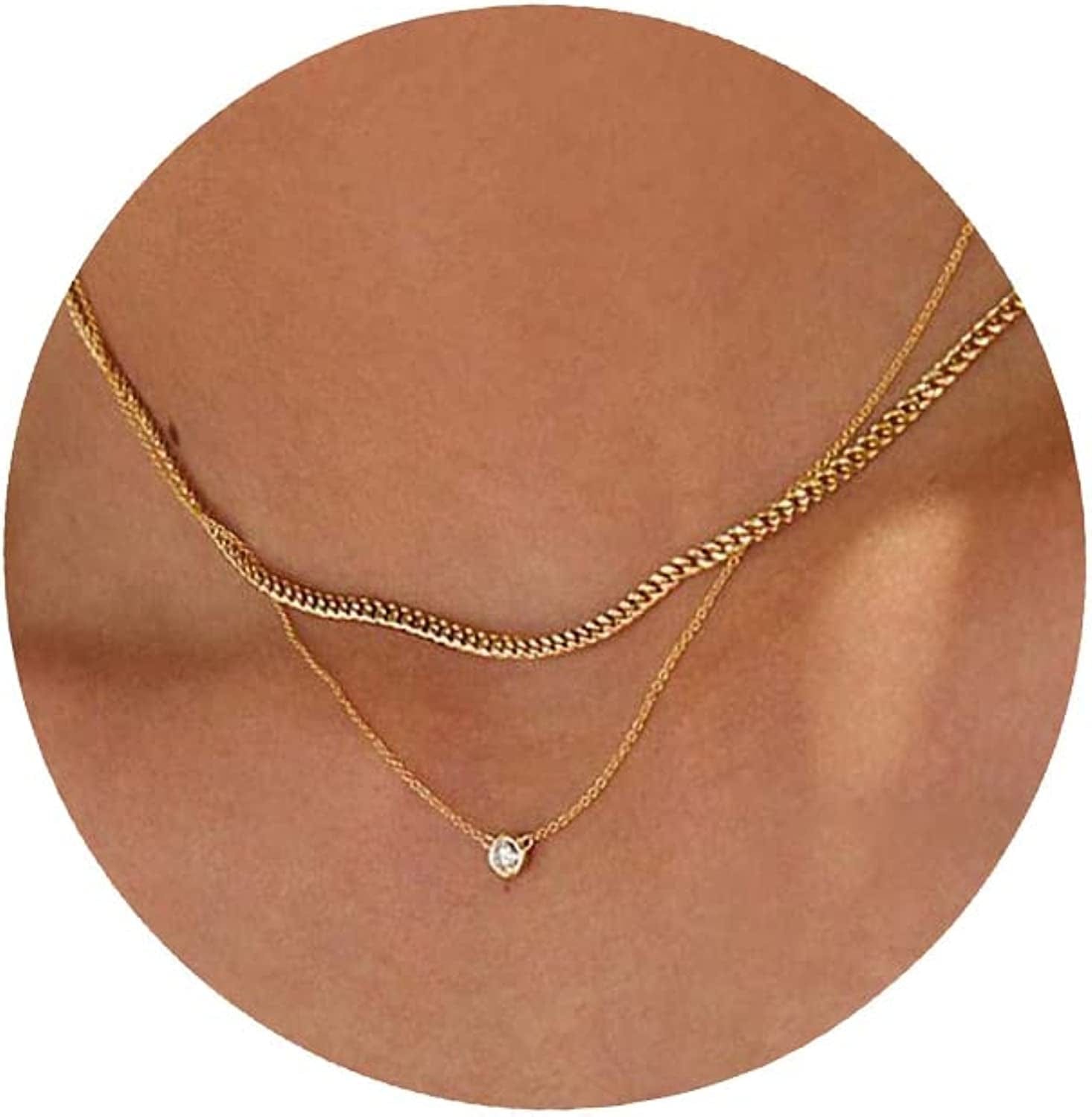 Diamond Necklaces for Women, Dainty Gold Necklace 14K Gold Plated Long Lariat Necklace Simple Gold CZ Diamond Choker Necklaces for Women Trendy Gold Necklace Jewelry Gifts for Girls layered cuban&cz gold