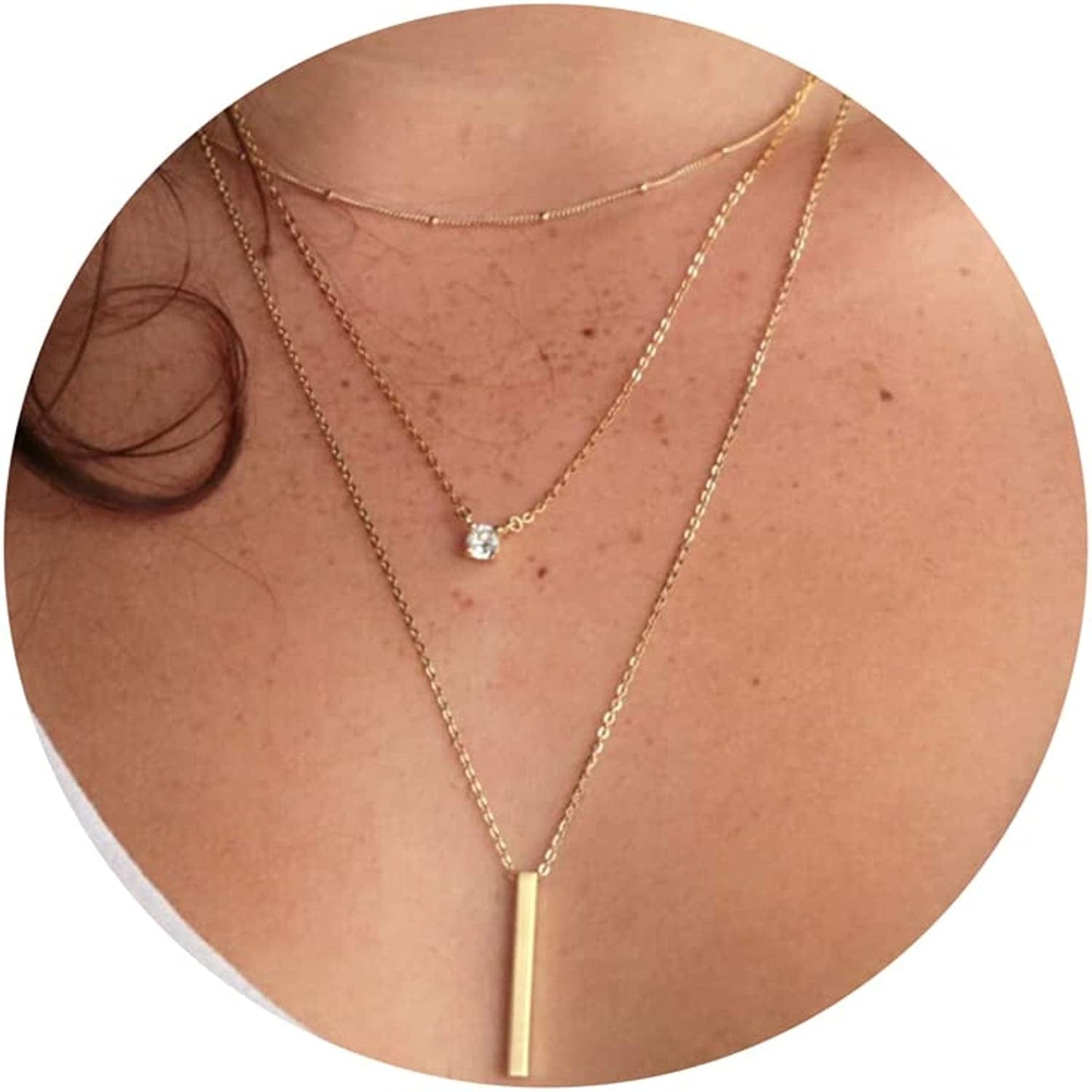 Diamond Necklaces for Women, Dainty Gold Necklace 14K Gold Plated Long Lariat Necklace Simple Gold CZ Diamond Choker Necklaces for Women Trendy Gold Necklace Jewelry Gifts for Girls layered cz&bar